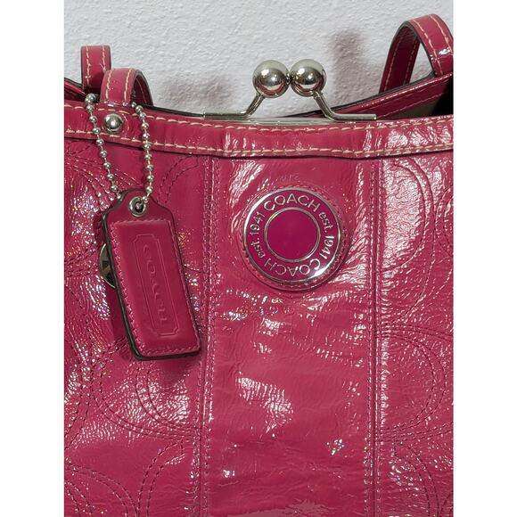 COACH Hot Pink Patent Leather Signature Carryall Kisslock Bag - Picture 2 of 14